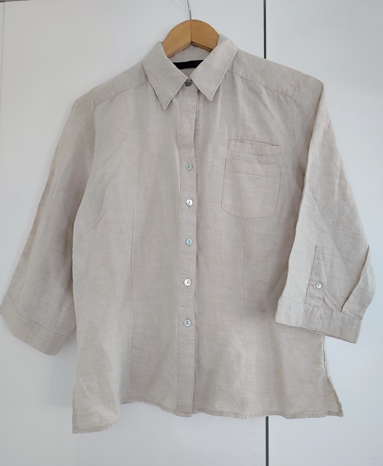 Ladies Linen Shirt Size 12 Blouse Top Beige Oatmeal Buttons Collar 3/4 Sleeve