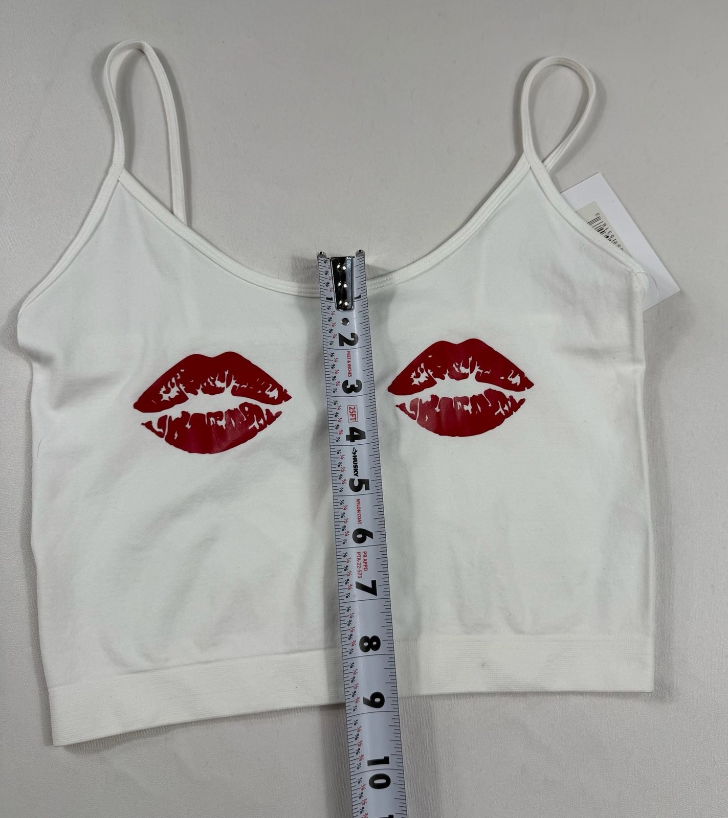 Sugarlips White Spaghetti Strap Crop Tank Top with Red Lips Print