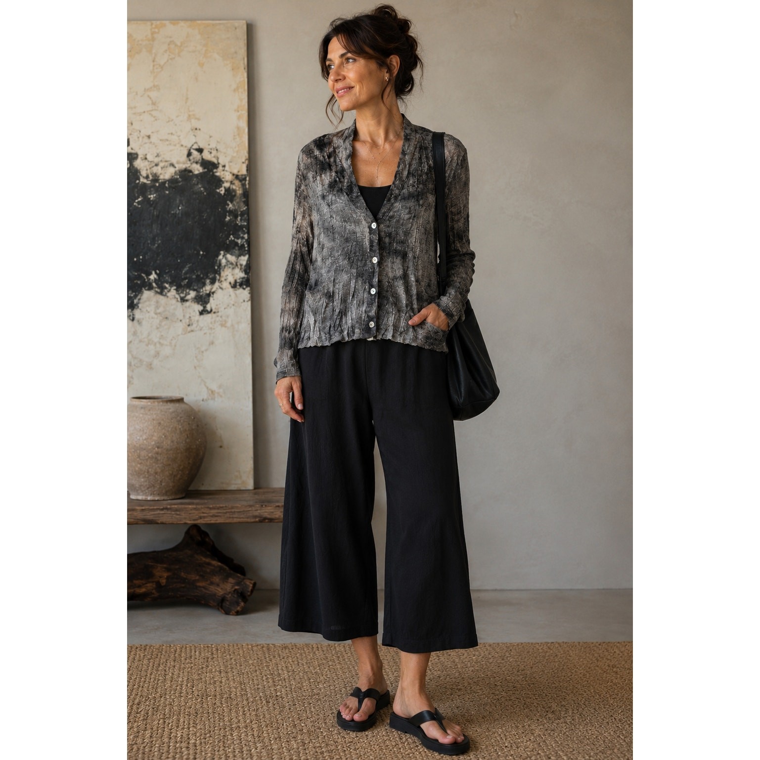 Alembika | Crinkle Knit Cardigan Gray Abstract Stretch Button Front Size 2 Med