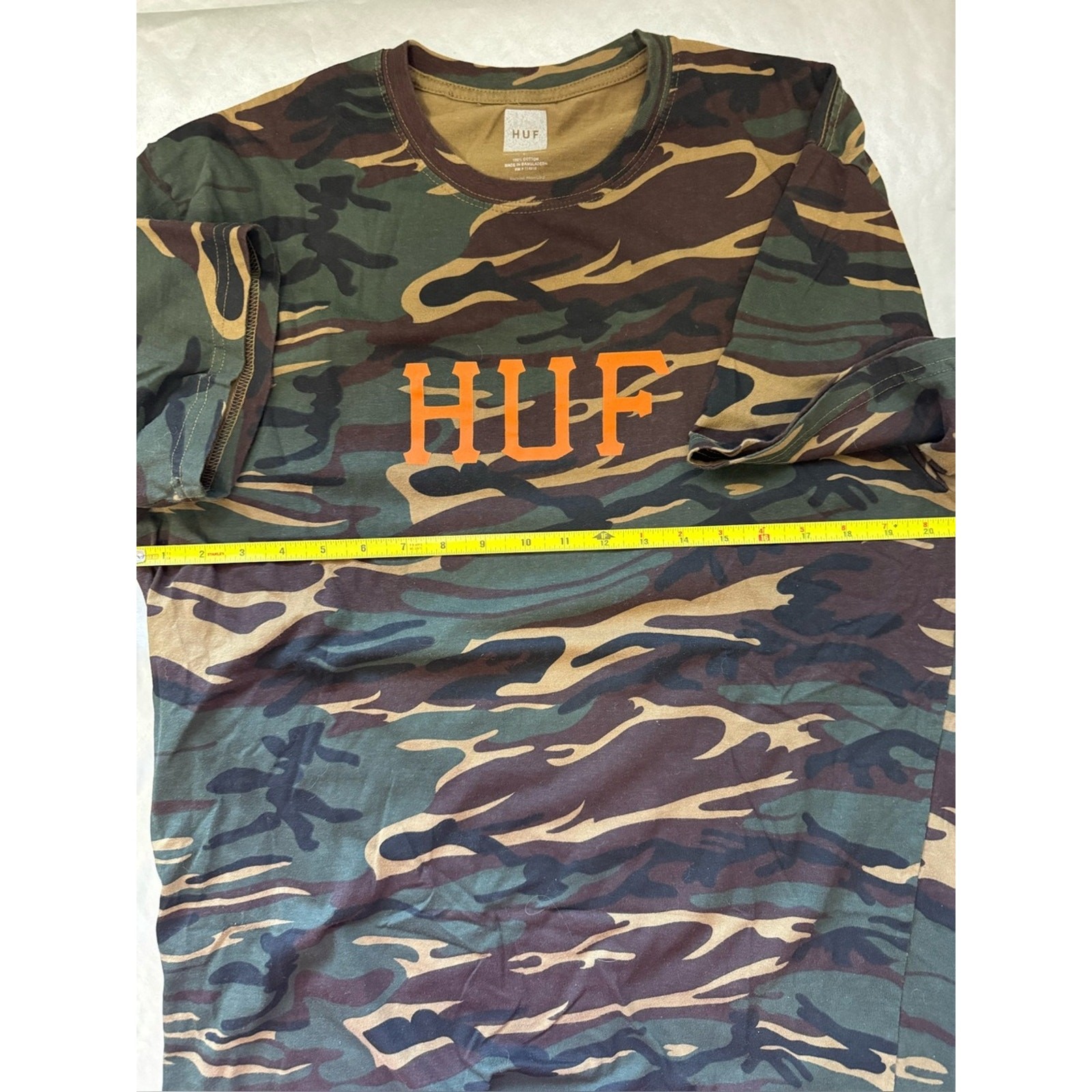HUF Camo Logo T-Shirt Large Orange Logo Skate Streetwear 100% Cotton
