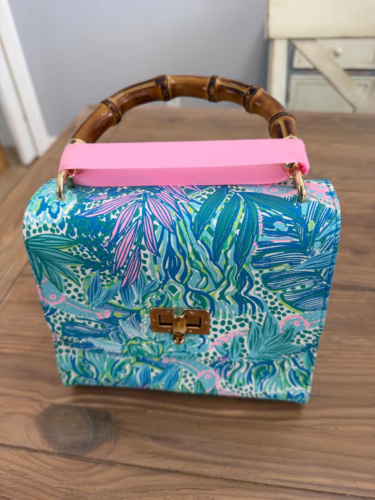 New Lilly Pulitzer Bamboo Handle Mini Bag In Botanical Green Holiday In The Sun