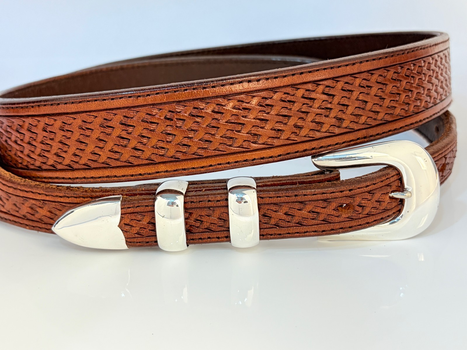 Douglas Magnus Sterling Silver .925 Ranger Belt Buckle 44 Vogt Tooled Leather