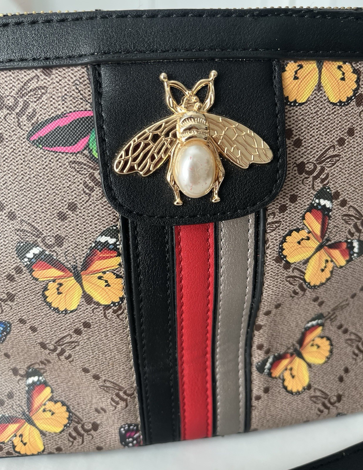 Brown Multicolor Butterfly Crossbody Bag Zip, Gold HW, Chain Bee, Adj Strap