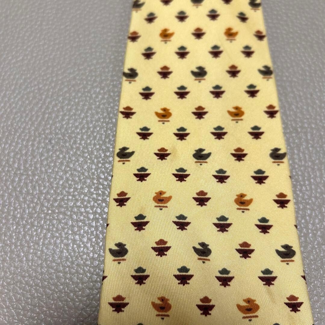 Hermes Mens Silk Tie Yellow H Pattern Stripe Dot Check Woven 3.54in 9cm