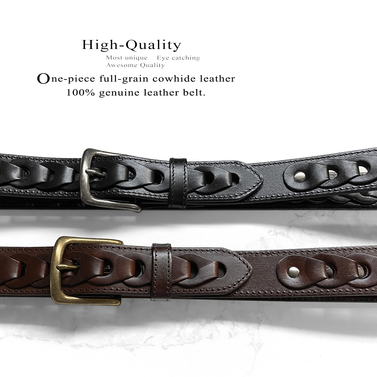 Men’s Braided Genuine Full Leather Casual Jean Belt 1-1/2″ Wide, Black Brown