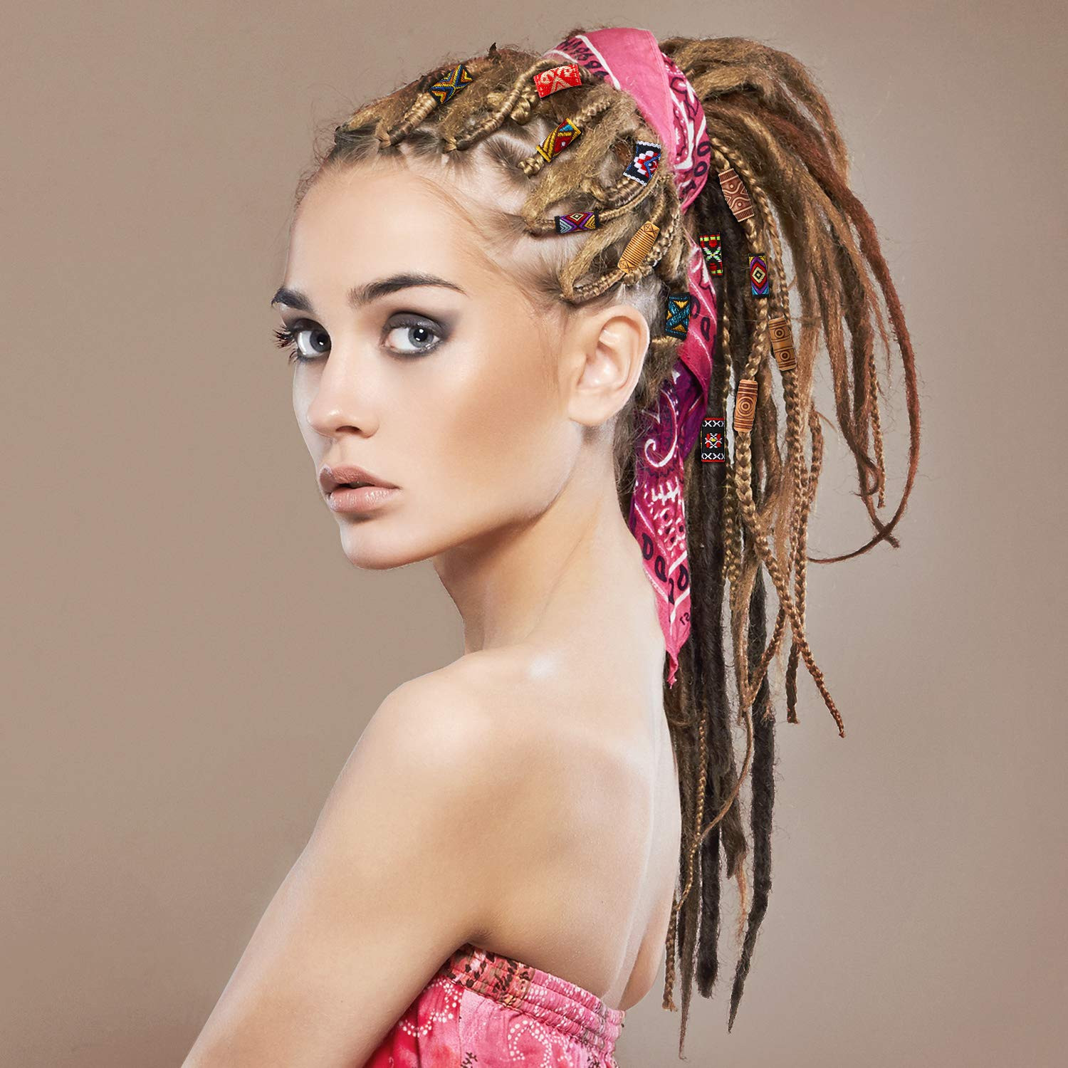 27 Pcs Wooden Fabric Dreadlock Beads Tube Beads for Hair Braids Jewelry for Hair