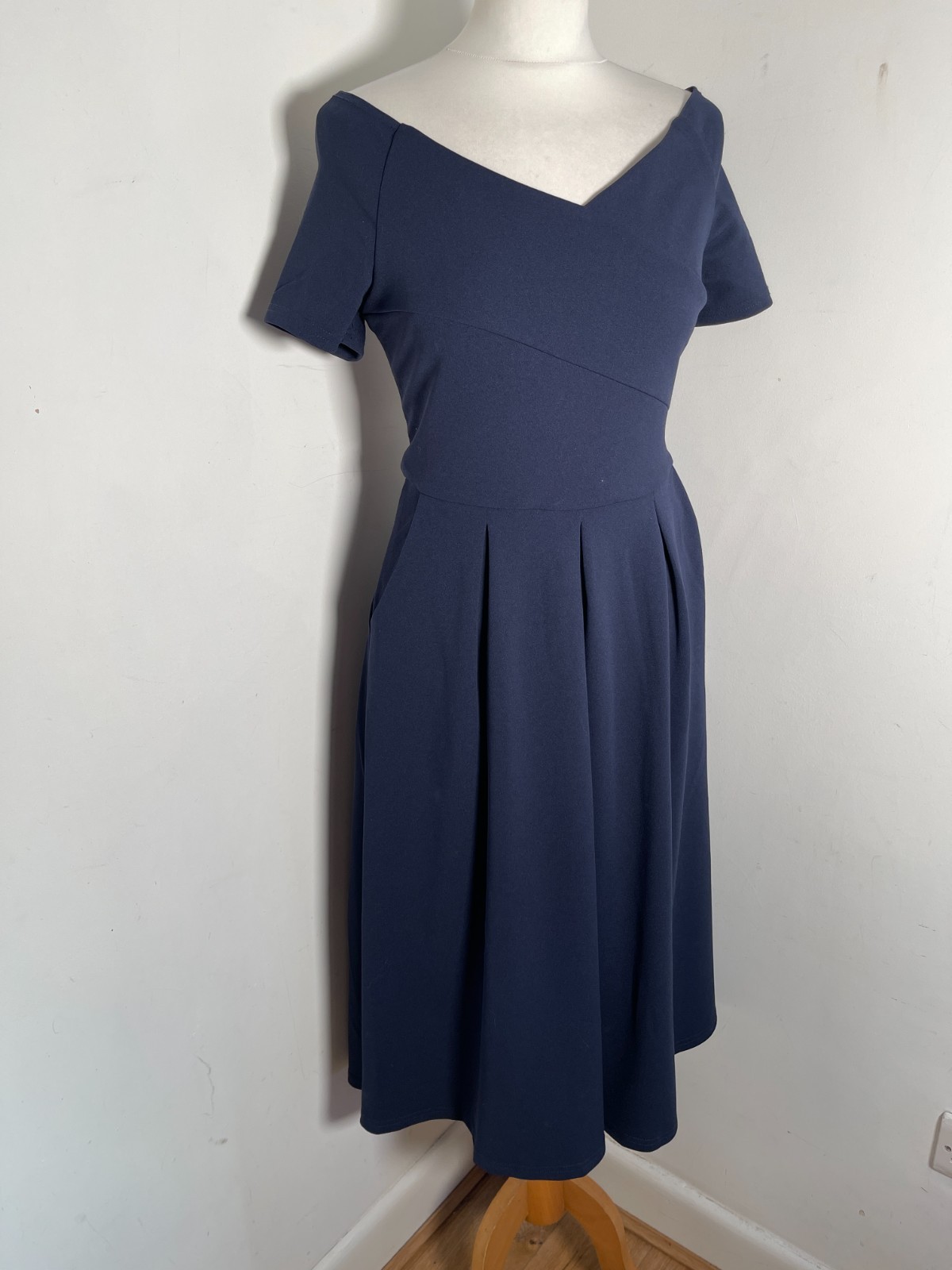 Jolie Moi Dress Size 14 VGC navy off shoulder A line midi stretch wedding races