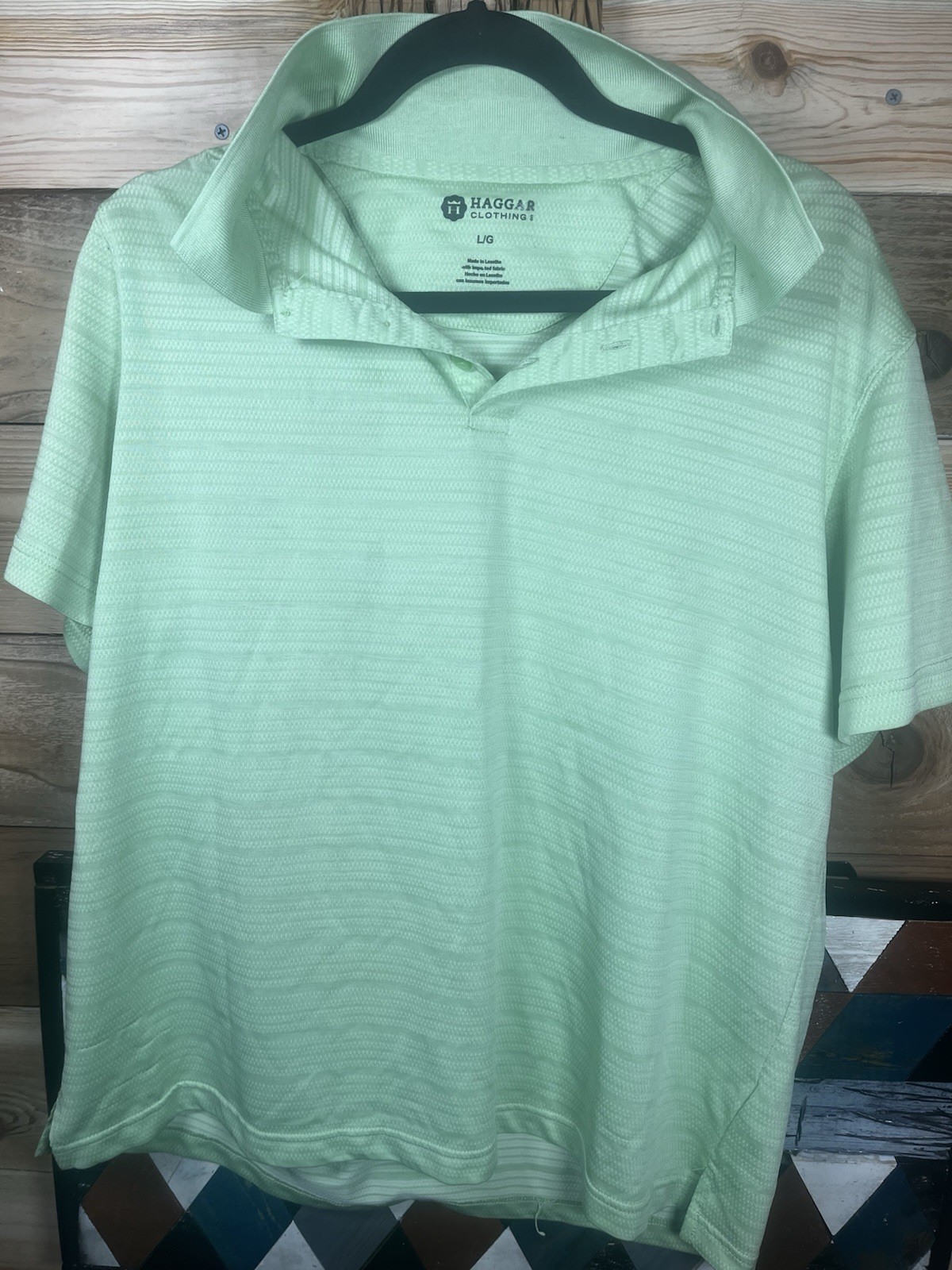 Haggar Men’s L Green Striped Polo Shirt Knit Short Sleeve Button Collared