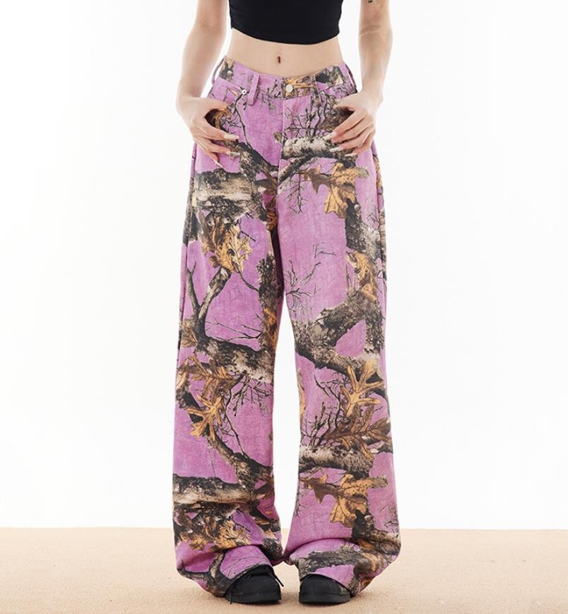 Women’s Pink Cotton Blend Straight Leg Printed Pants Trousers Punk Hip Hop New
