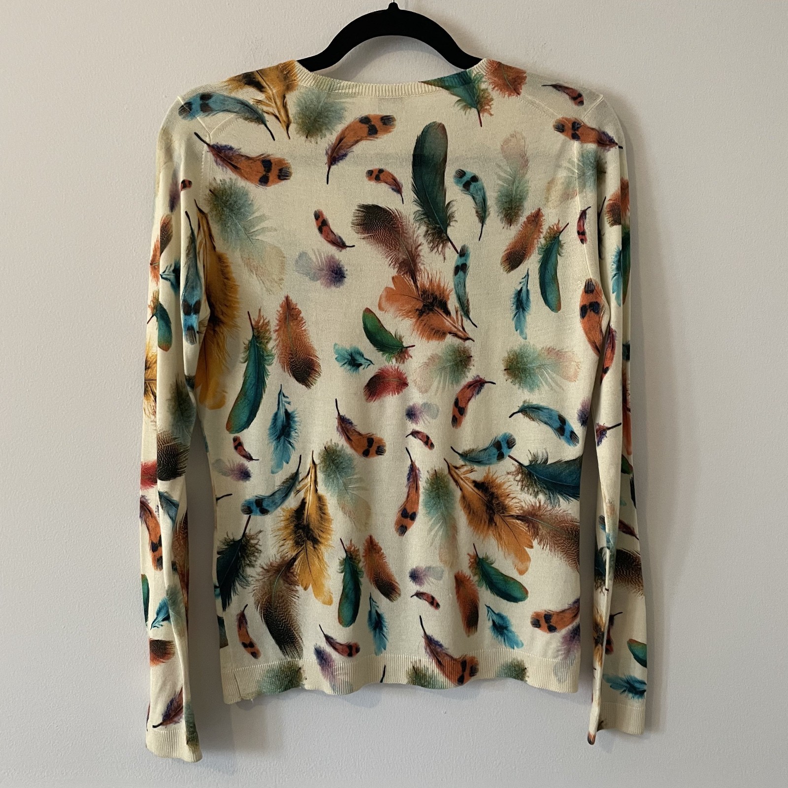 Richard Grand Cashmere Silk Feather Printed Knit Sweater Size S Novelty Luxury