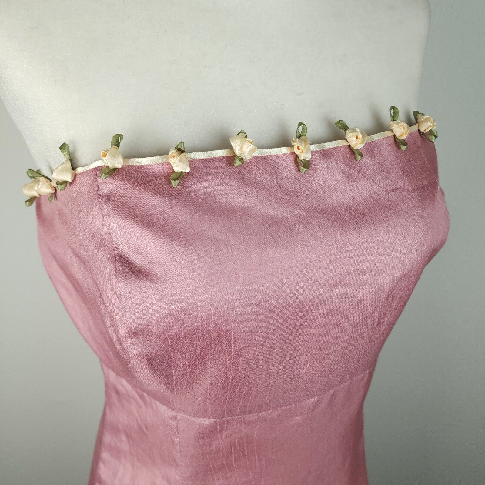 Vintage 90s Pink Silk Satin Rosebud Dress Strapless Ivory Ribbons Homemade ~M