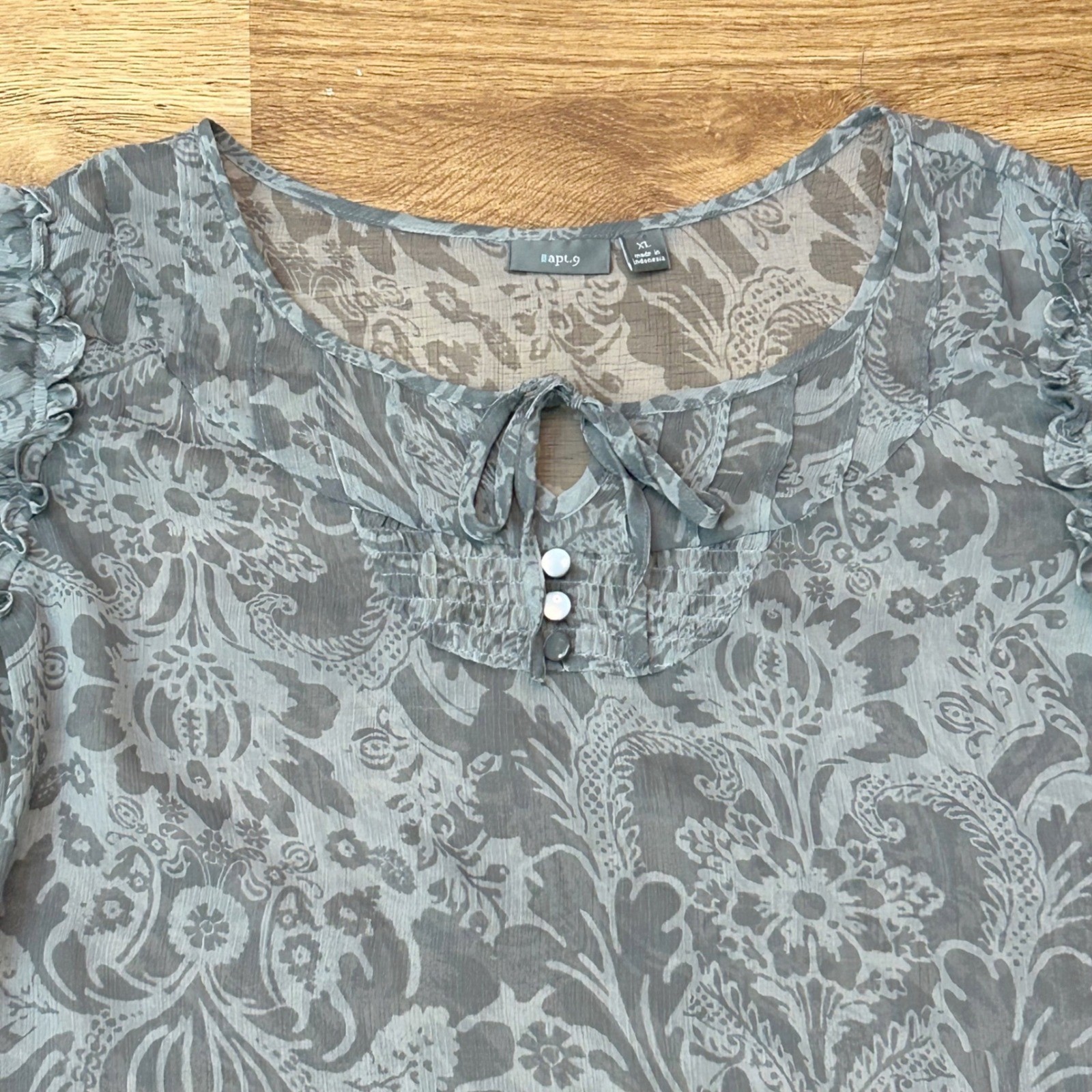 Womens Boho Sheer Puff Sleeve Blouse Grey Blue Paisley Romantic Apt 9 XL