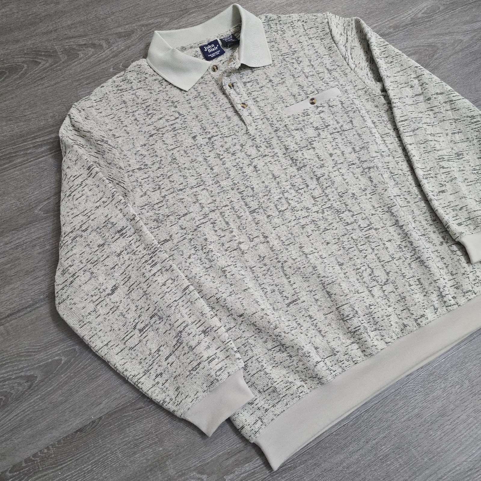 John Blair Fine Menswear Marble Knit Polo Shirt 1/4 Button Collared SoFt Lined L