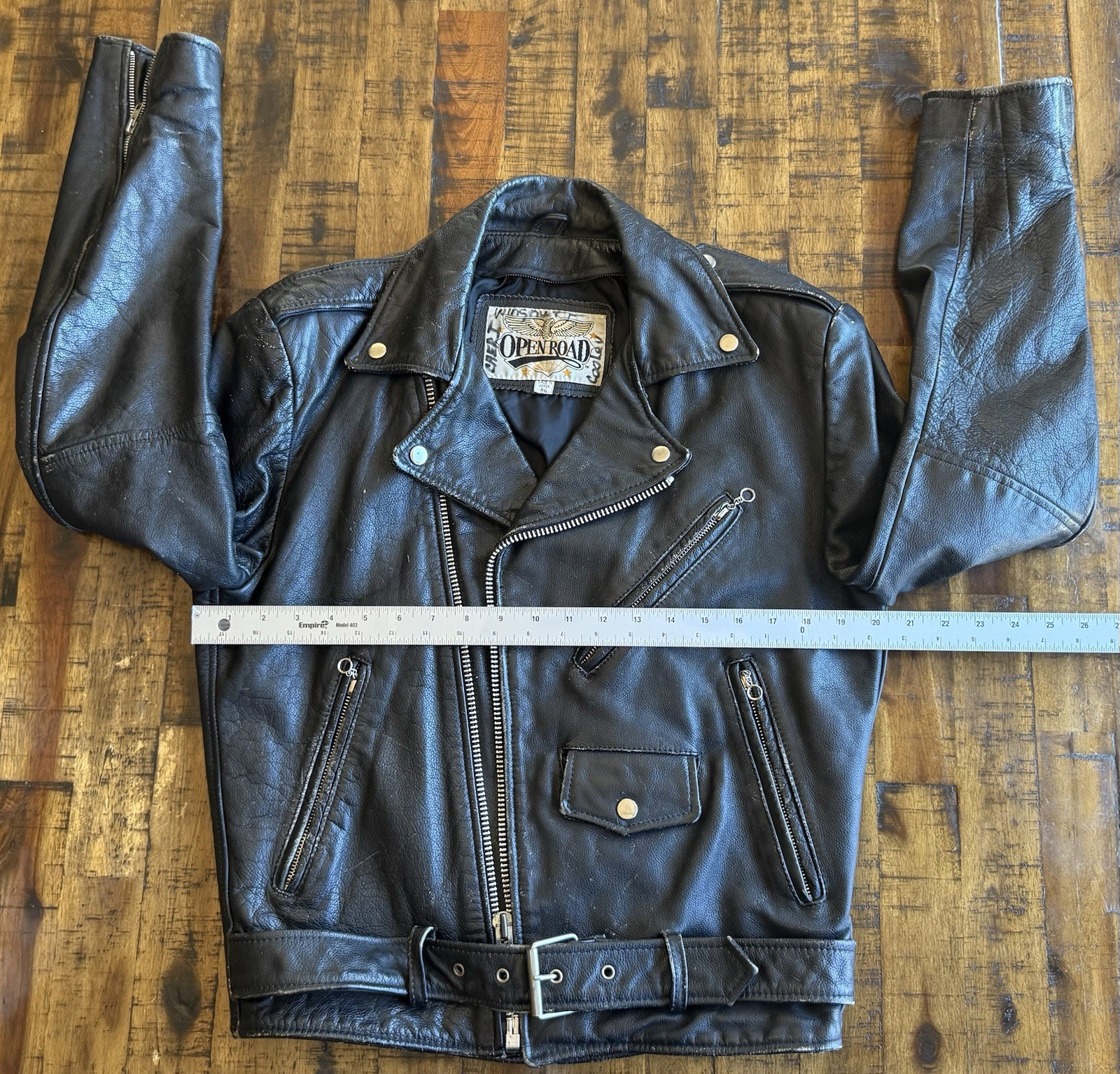 Vintage Open Road Men’s Small Black Genuine Leather Motorcycle Biker Moto Jacket
