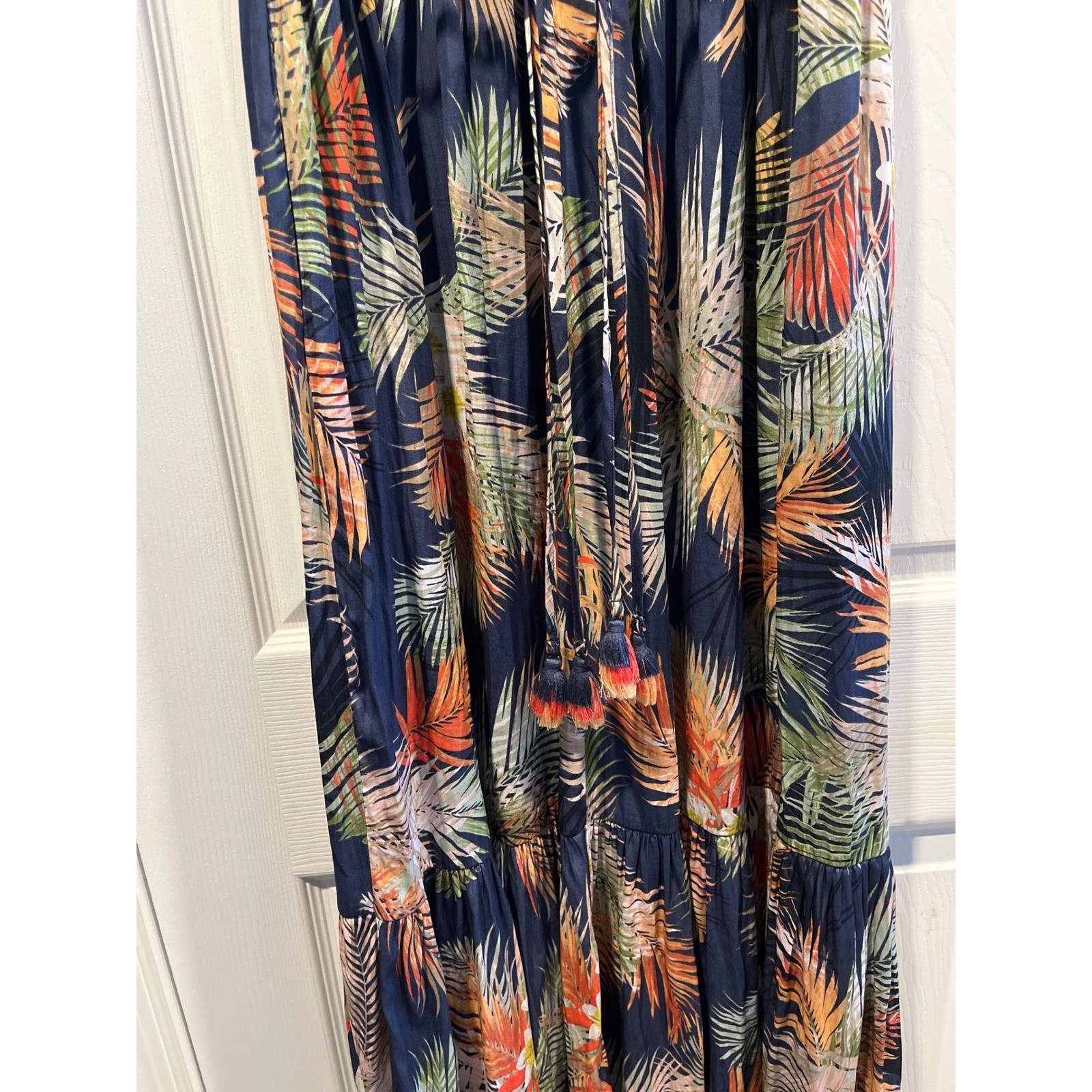 Terra & Sky Navy Tropical Palm Print Smocked Tiered Maxi Dress Sleeveless Womens