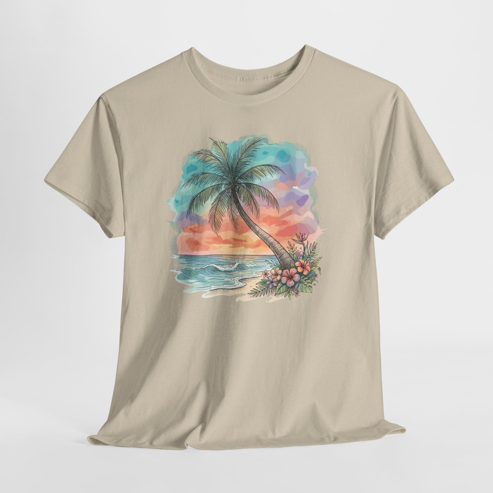 Sunset Beach Palm Tree Ocean Gift Graphic T Shirt Tee Top S-XL, Plus 2X 3X 4X 5X