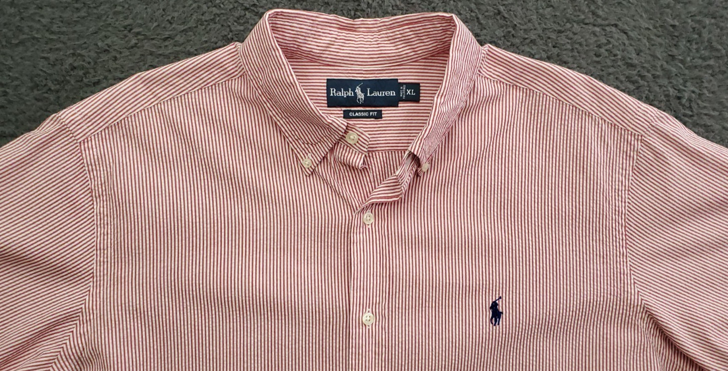 VTG Ralph Lauren Seersucker Button Down Men Sz XL Red Stripe Classic Fit Boating