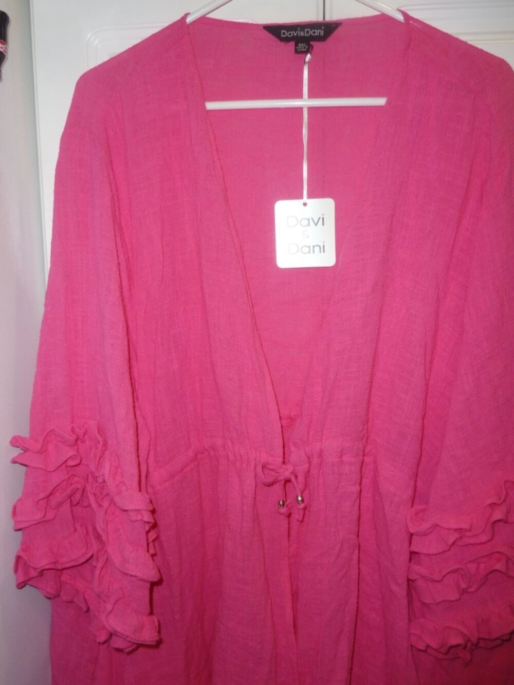 NWT Davi & Dani Hot Pink Gauzy Cotton Cardigan With Ruffle Accents 3XL