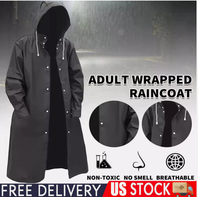 Men/Women Black Waterproof Raincoat Rain Coat Trench Poncho Rainwear Jacket