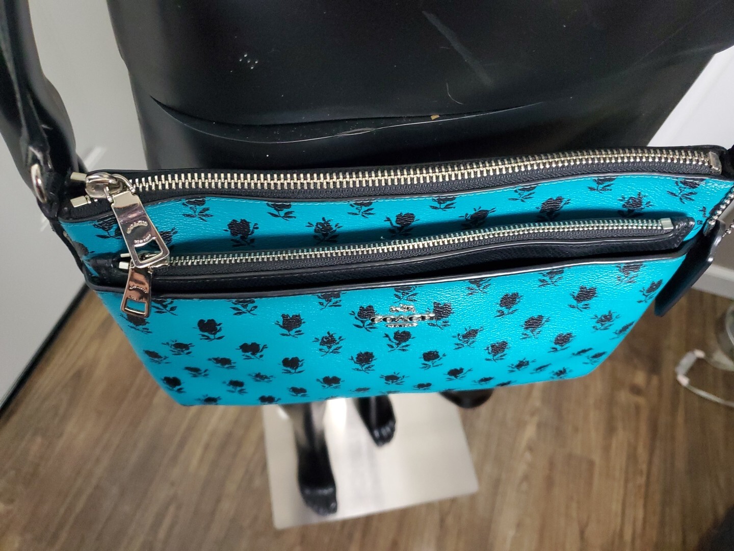COACH Leather Floral Badlands Print Crossbody Bag Turquoise Blue Green Black