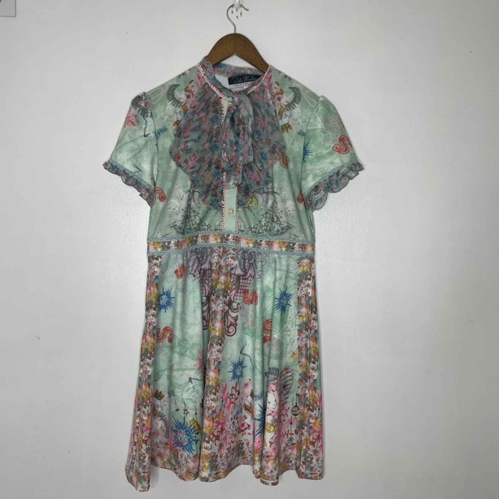 Dalia MacPhee Dress L Mint Multicolor Mesh Ruffle Neck Boho Garden Party