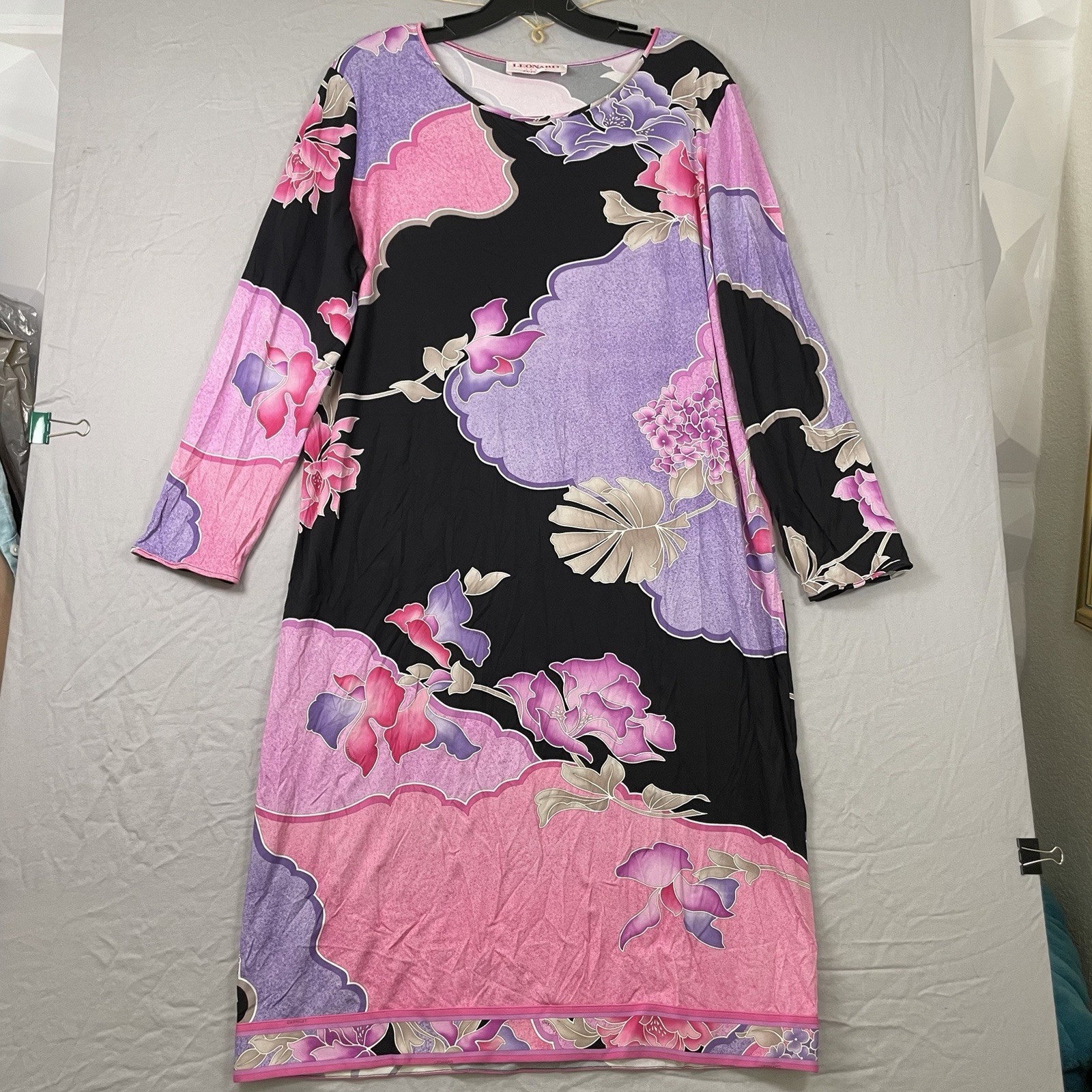 Leonard Paris Fushia Lavender Flowercore Sheath Dress Sash Belt US 10 FR 44