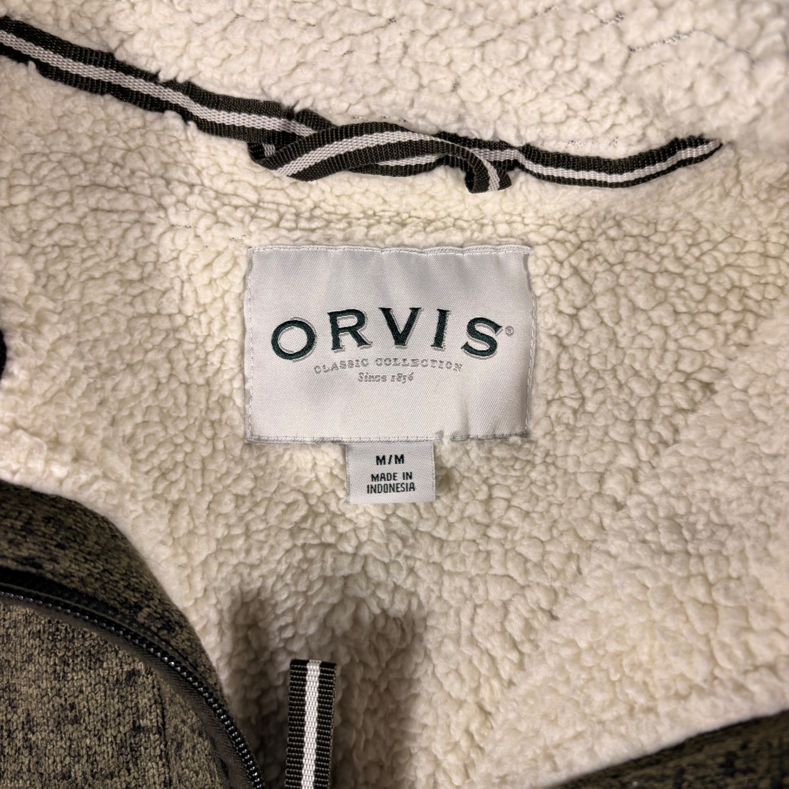 Orvis Mens Quarter Zip Sherpa Lined Sweater Pullover Olive Green Marl Medium