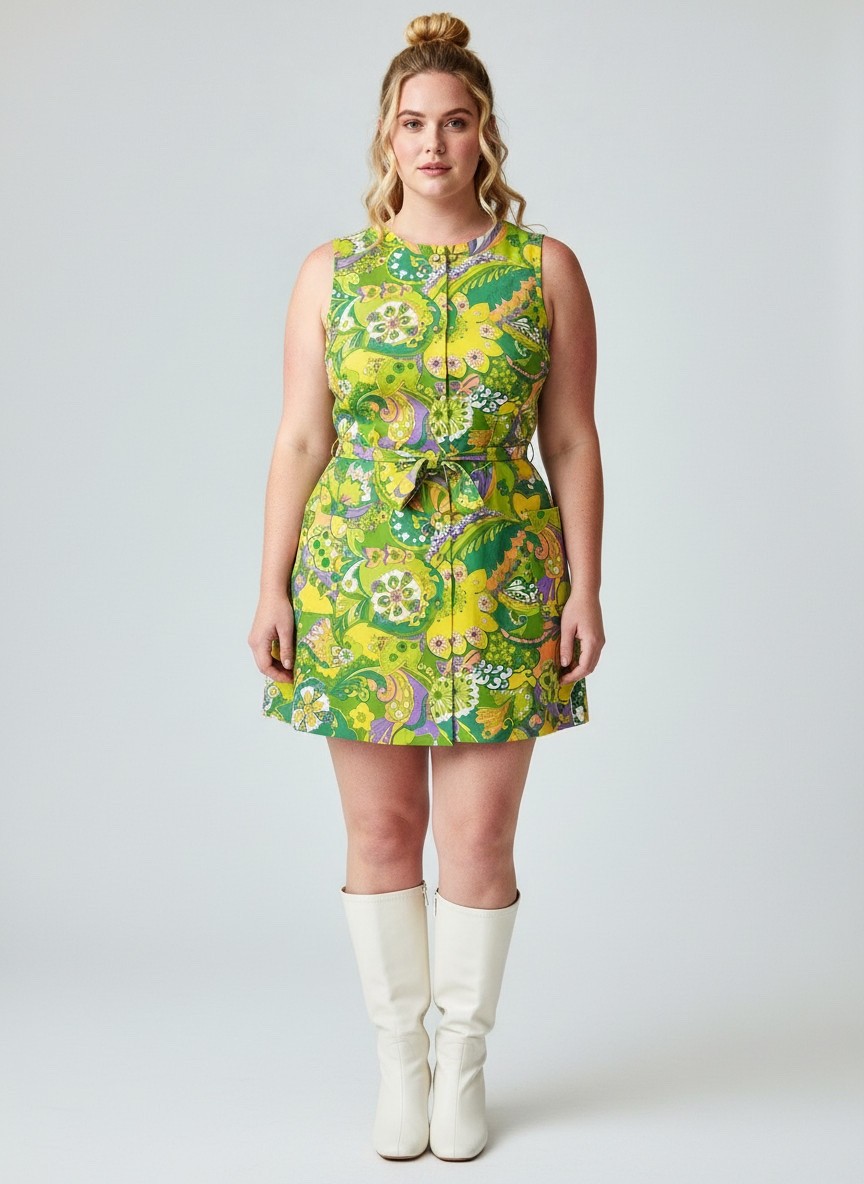 Vintage 60s Size L unworn dress cotton green go go mod ‘Palm Island’