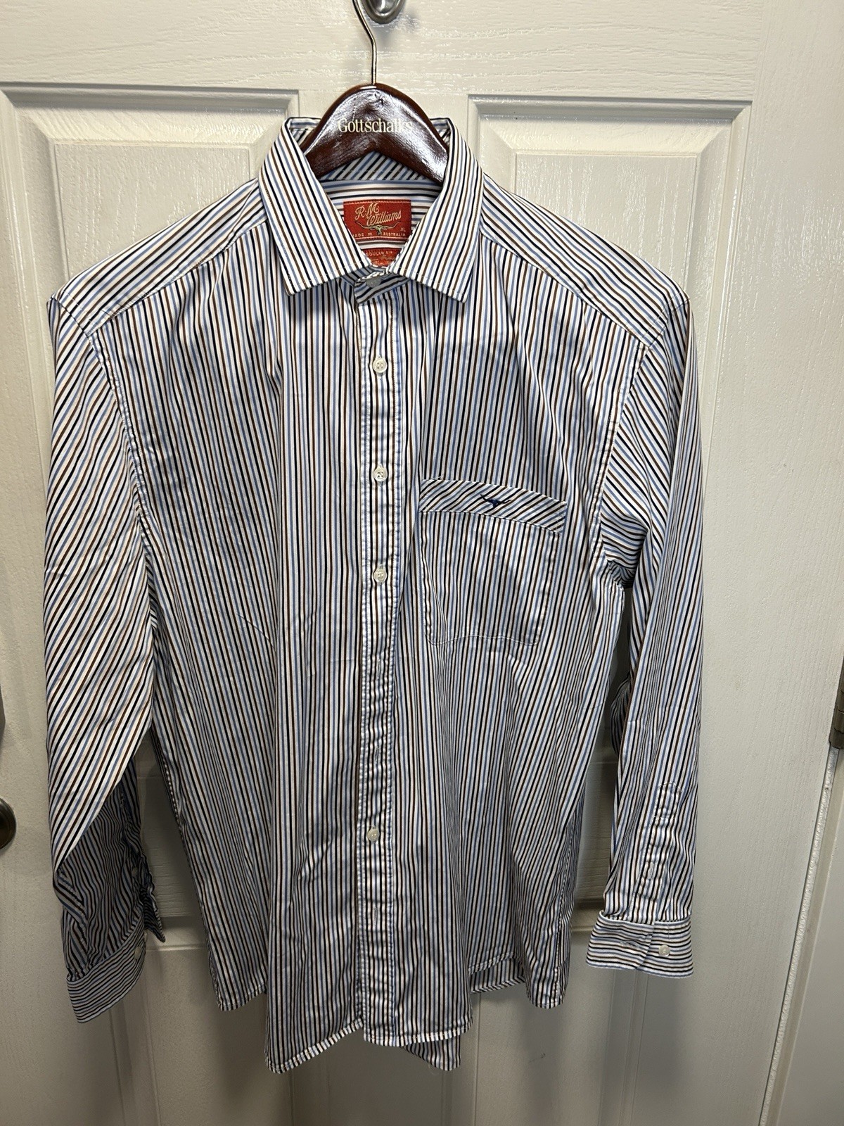 R.M. Williams Mens XL Long Sleeve Button Down Shirt Italy Brown Blue Striped