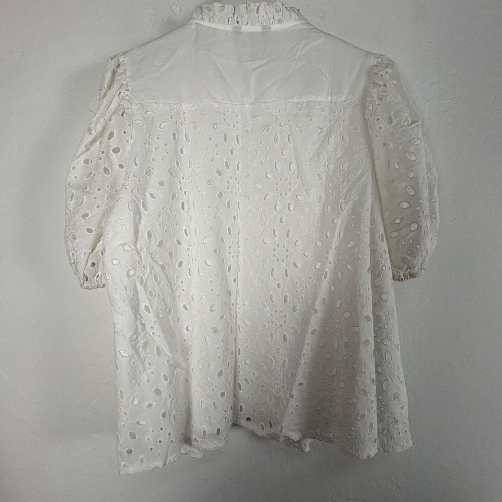 PrettyGarden Eyelet Lace Blouse Top Ruffle Collar Puff Sleeve Womens Large White