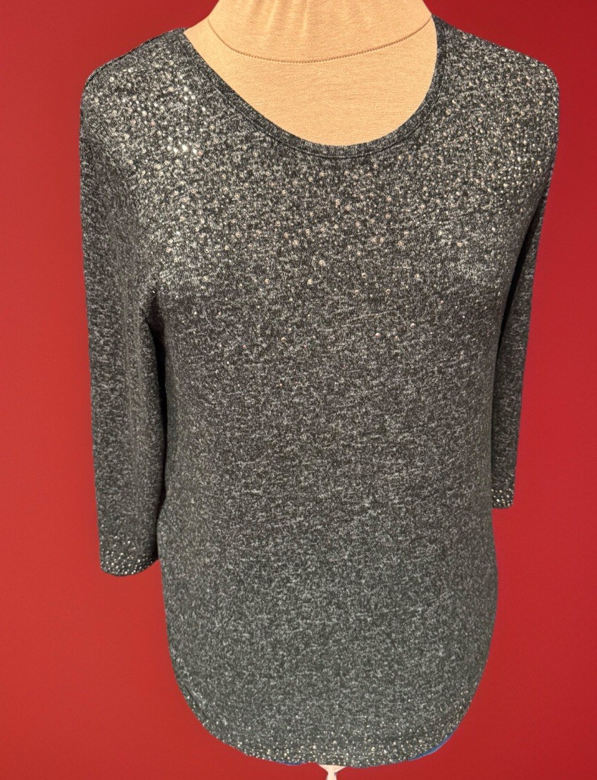 Ladies, “Tigi” , Grey with diamanté, 3/4 Sleeve Top, UK 10/12 (Loose fit)