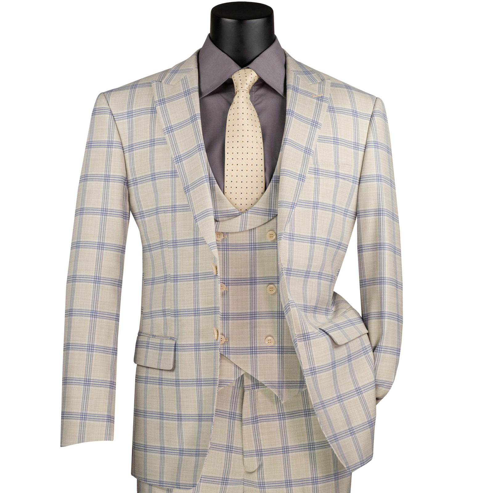 VINCI Men’s Light Beige Windowpane 3pc Stretch Modern Fit Suit – NEW