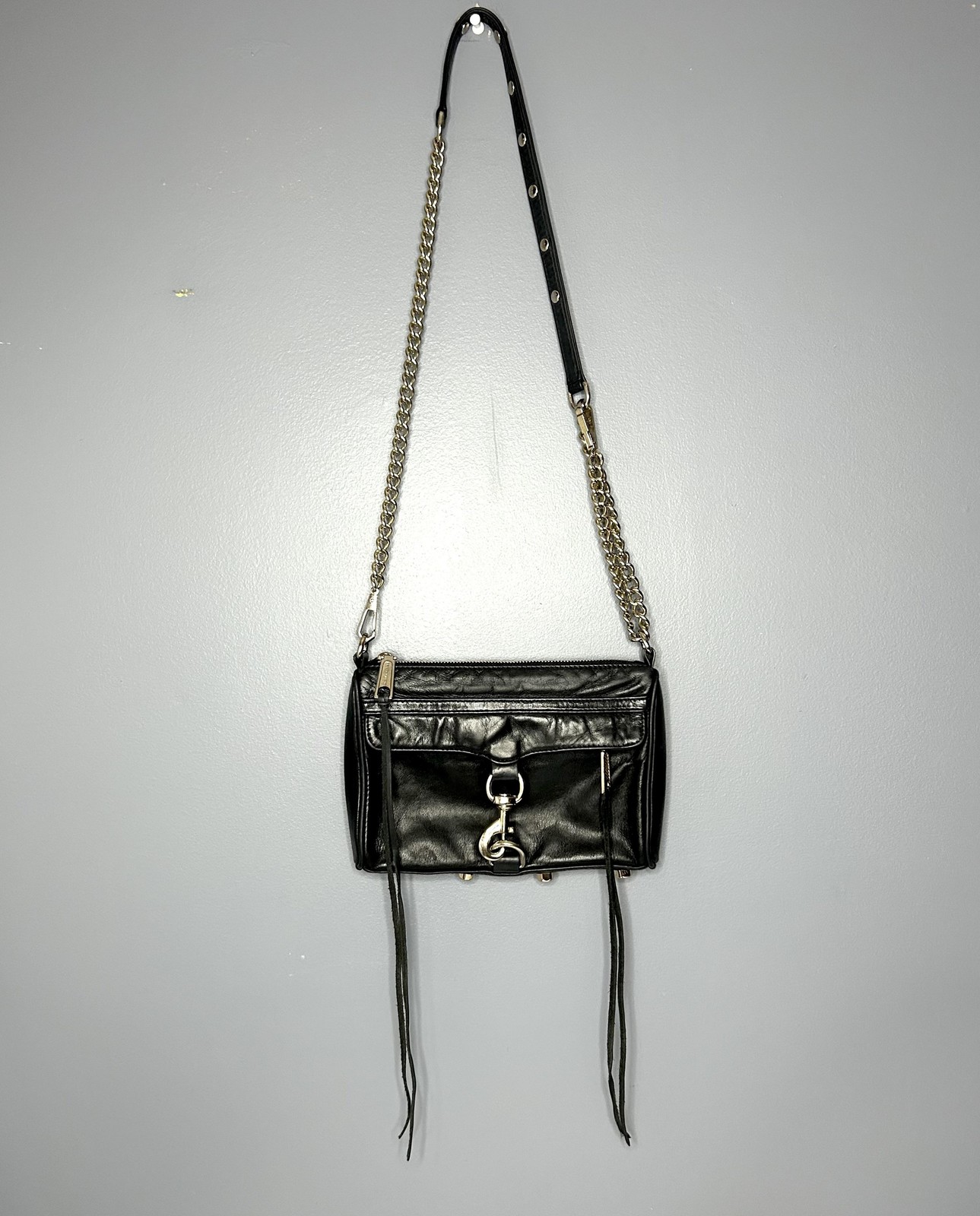 Rebecca Minkoff Purse Mini MAC Crossbody Clutch Bag Black Leather Chain Strap