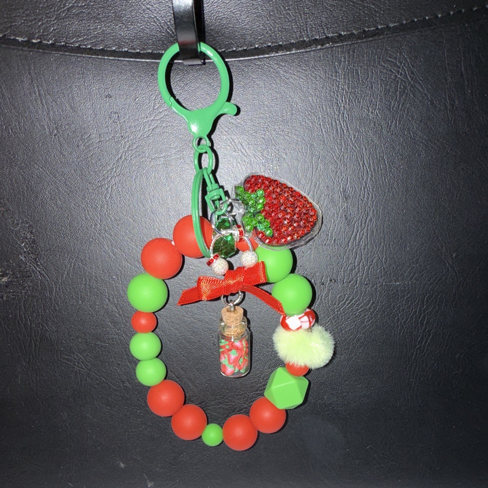 Red & Green Strawberry Beaded Wristlet Key Chain/Bag Charm w/Bow & Pom Pom