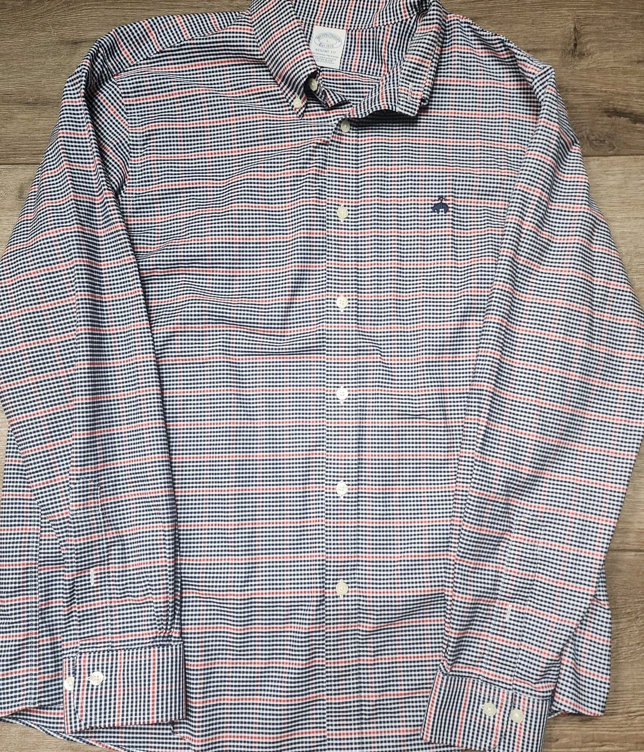 Brooks Brothers Shirt Mens Large Red Blue Check Regent Non Iron Cotton Blend