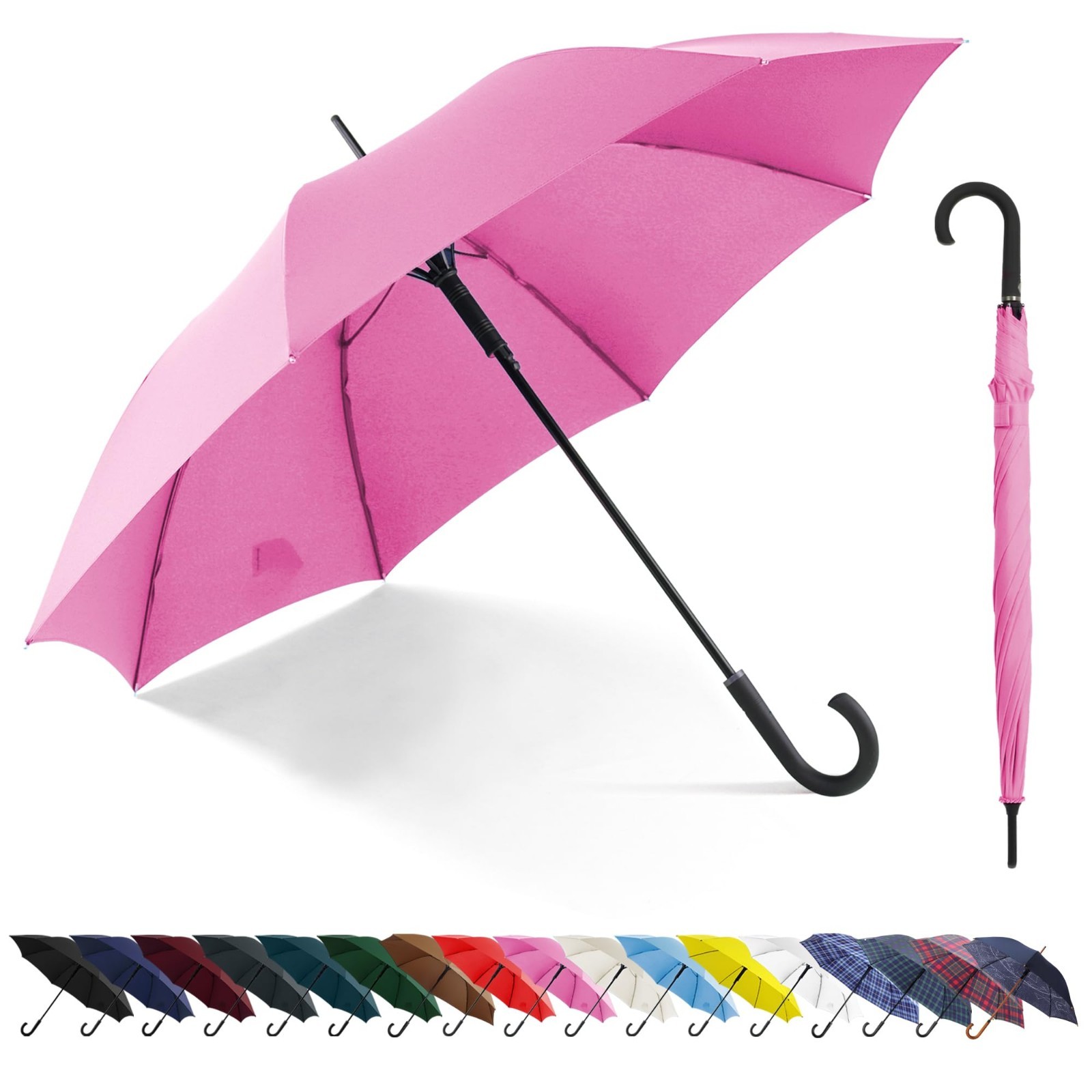 Large Windproof 50-Inch Stick Umbrella – Automatic Open, Oversized J Handle, Unb