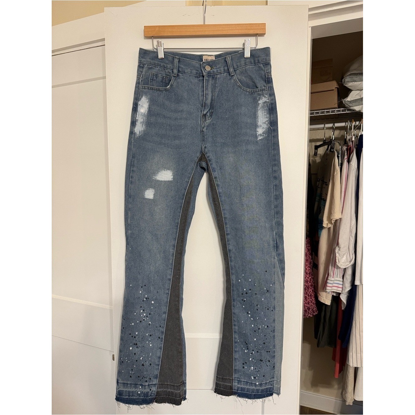 Gallery Dept Two-Tone Distressed Blue Flare Jeans with Embellished Hem