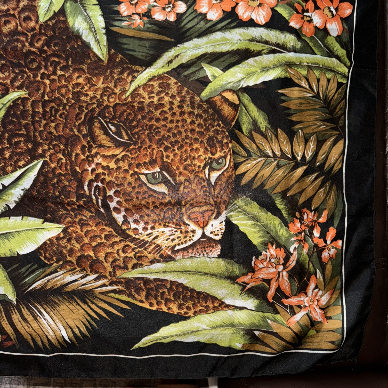Fabulous Jungle Print Leopard Scarf 30.5” Square Ghost Stripe Hand Rolled Hem