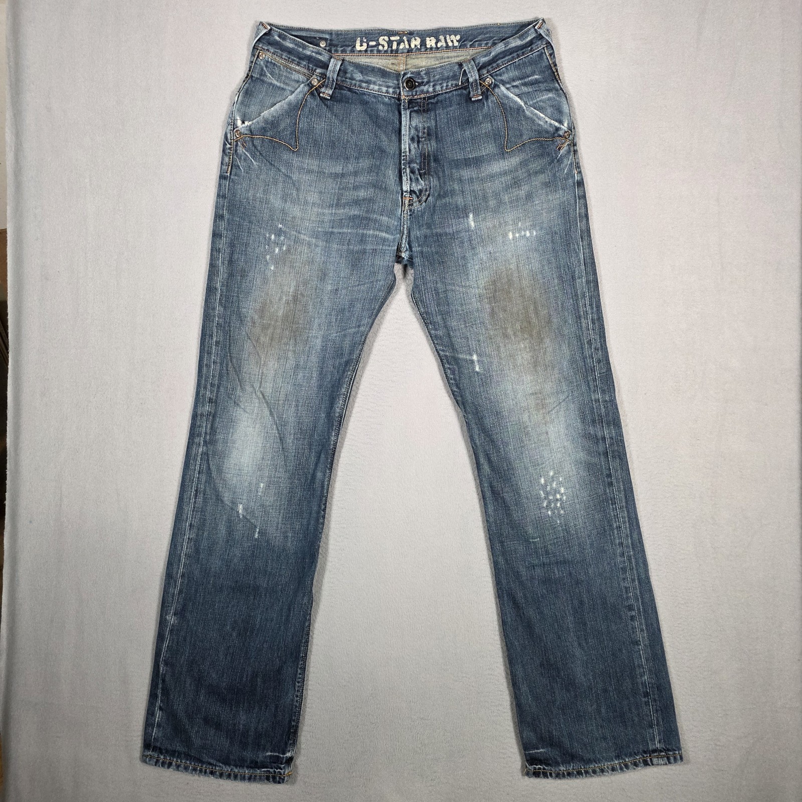G Star Raw Jeans Mens 36×33 (Measured) Blue 3301 Straight Distressed Denim