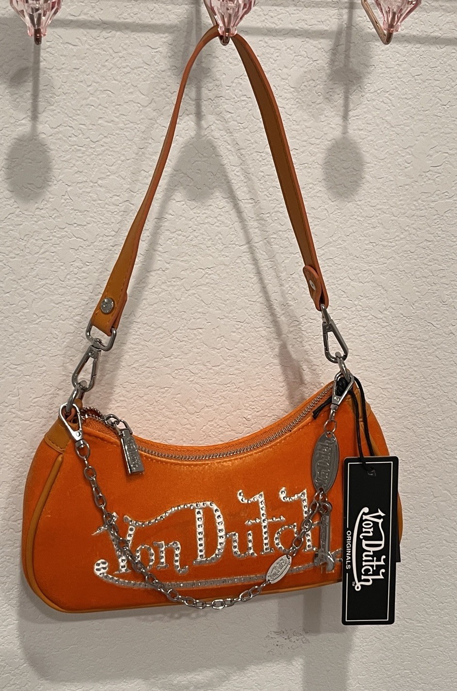 Von Dutch Orange Rhinestone Logo Crescent Shoulder Bag Zip Top Chain Strap Small