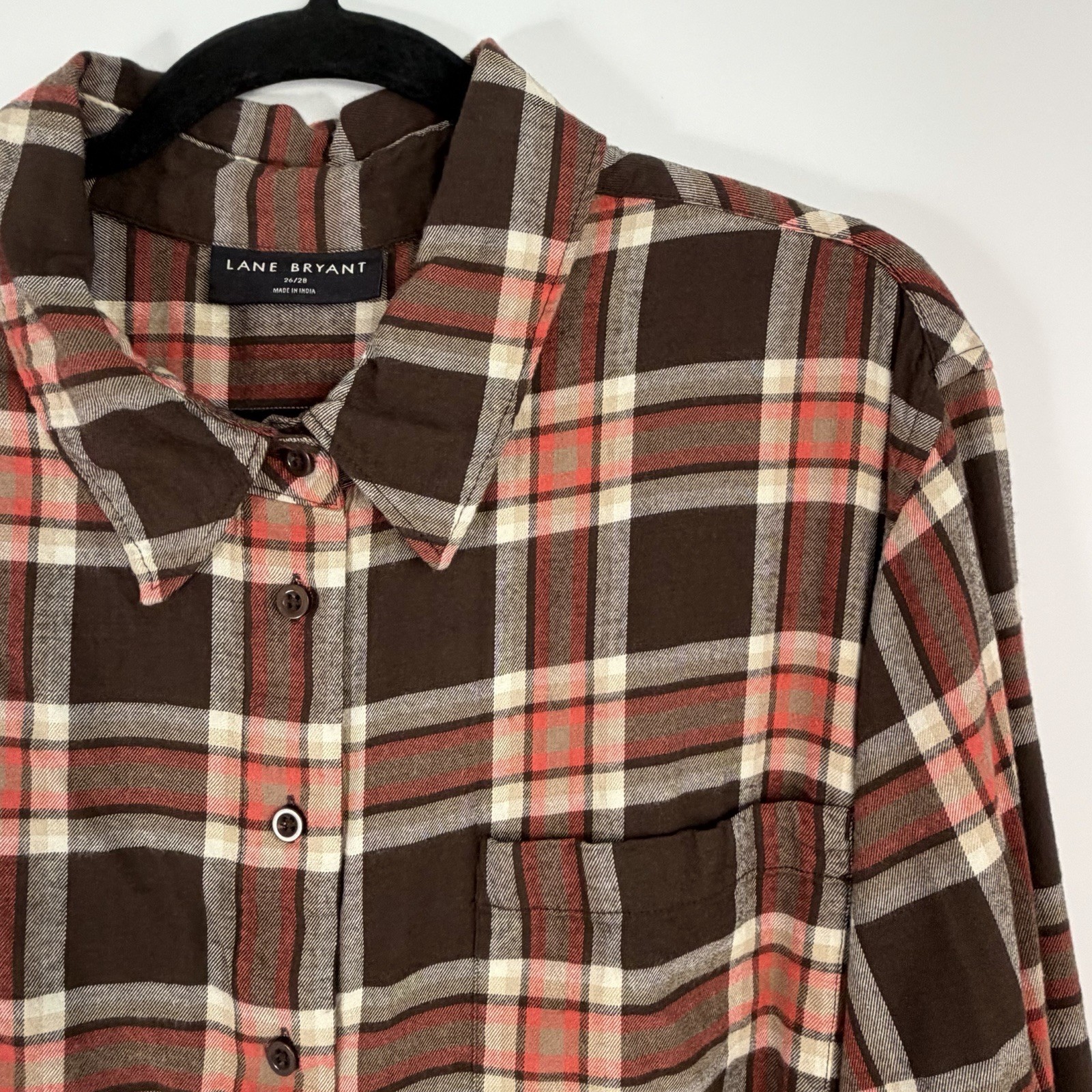 Lane Bryant 26/28 Brown Orange Plaid Tunic Shirt Soft Flannel Feel