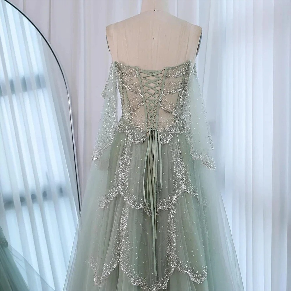 Green Evening Gown Off-Shoulder Lace-Up Back Crystal Bridal Gown-