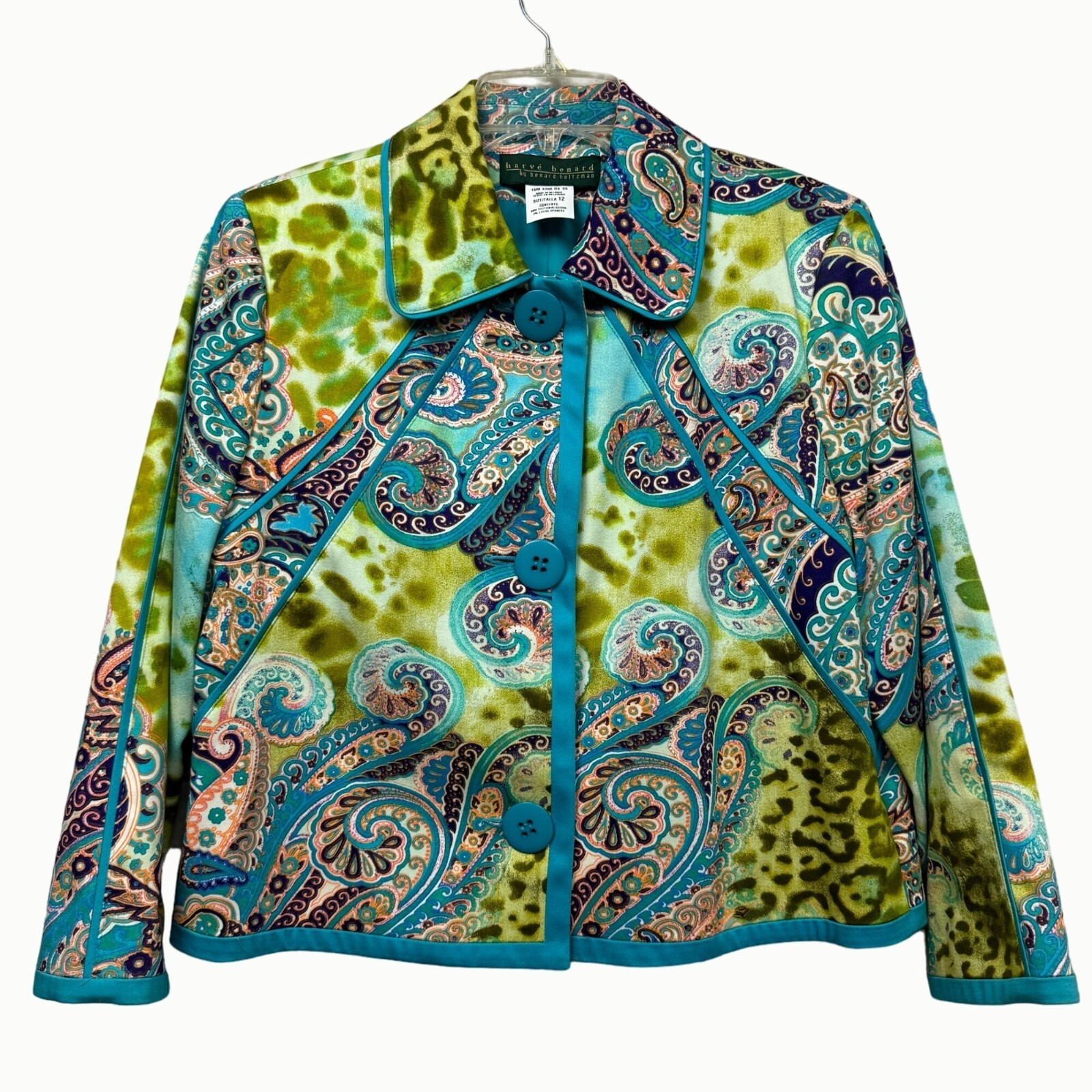 Harvé Benard Excellent Paisley Button Up Jacket Women’s Size 12 Turquoise Green