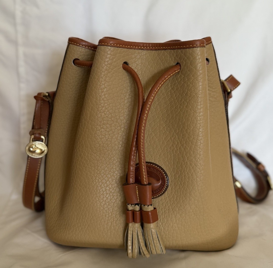 Dooney Bourke Vintage Taupe Brown Drawstring Bucket Shoulder Bag All Leather