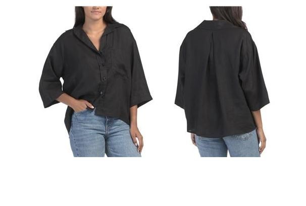 MAGASCHONI Linen Collared Button Down Wide Sleeve Chest Pocket Black Shirt $168