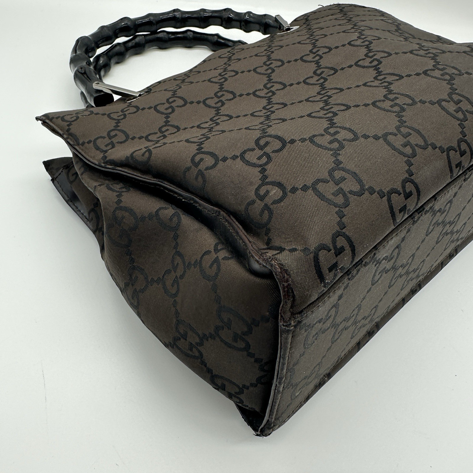 Gucci Handbag Bamboo GG Nylon Dark Brown Purse Double Handle Authentic