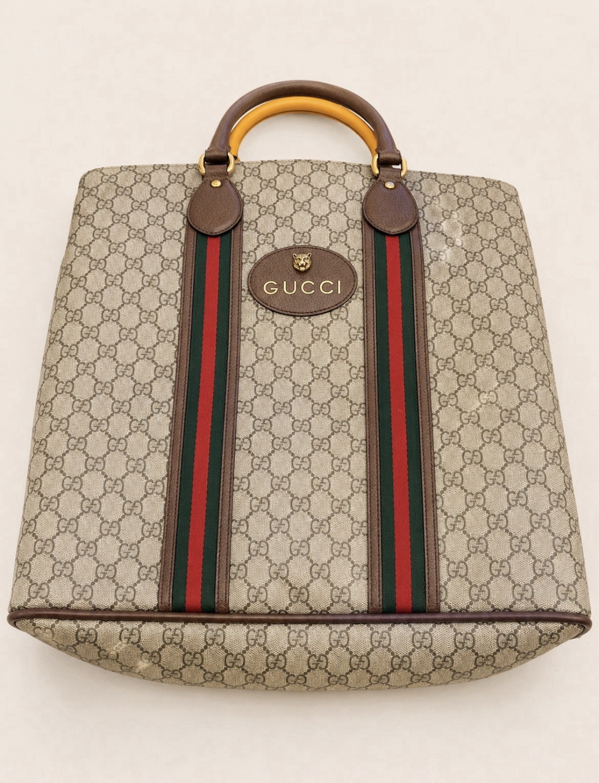 Gucci GG Pattern Web Stripe Tote Bag Zip Top Handle Beige Brown Gold