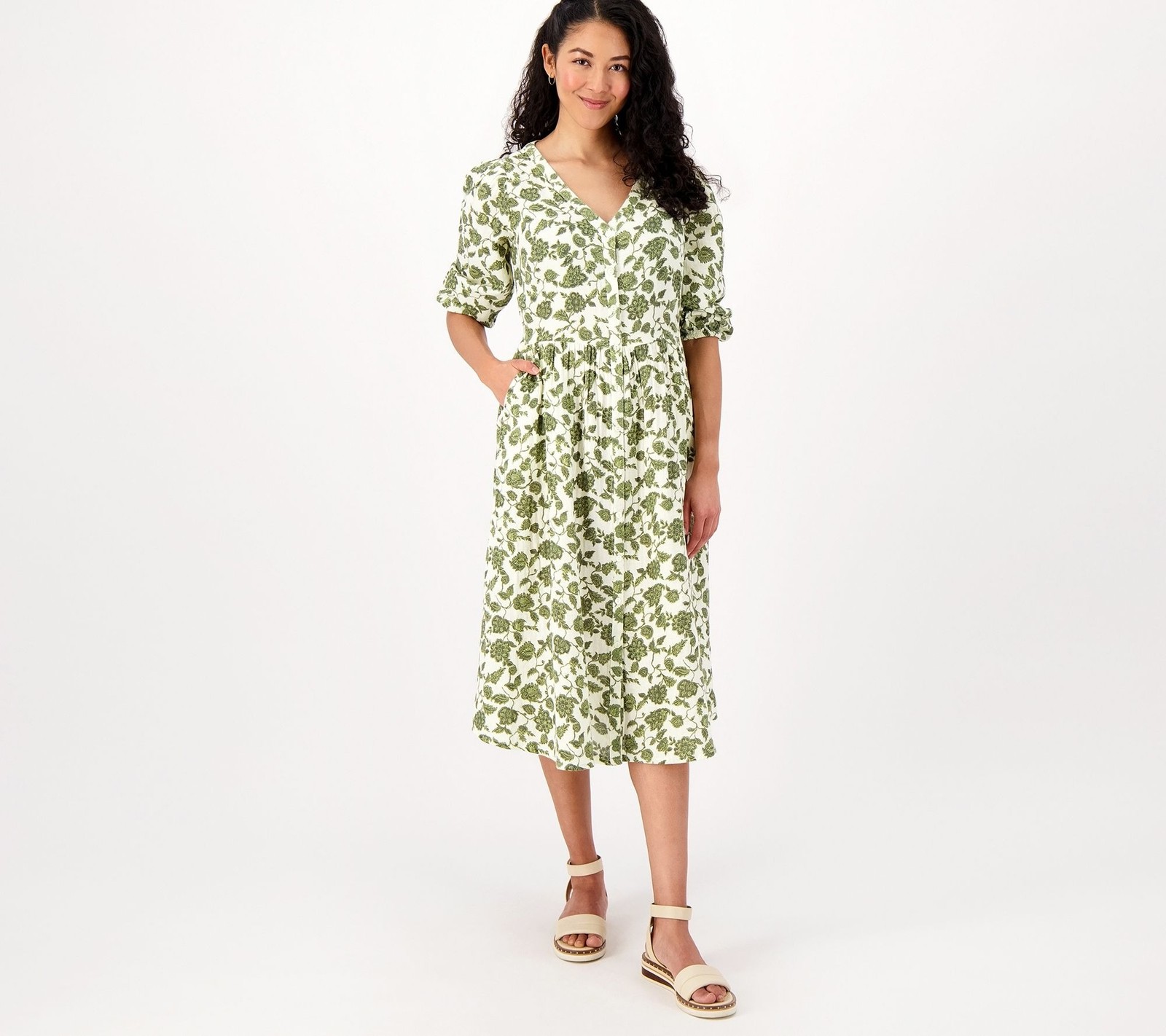 Encore by Idina Menzel Regular Gauze Peasant Dress Leaf Green Mlti XXS New