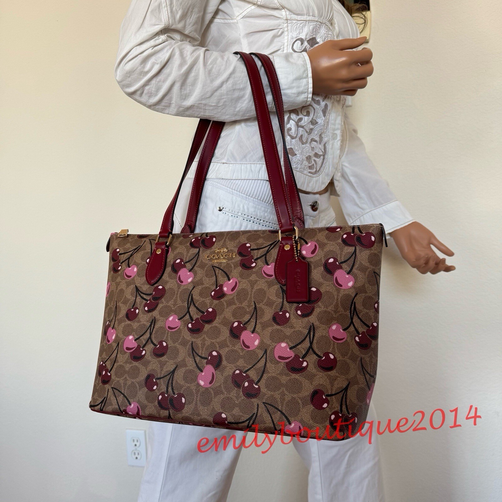 NWT Coach CAA71 Gallery Tote Bag In Signature Canvas & Cherry Print Zip Wristlet