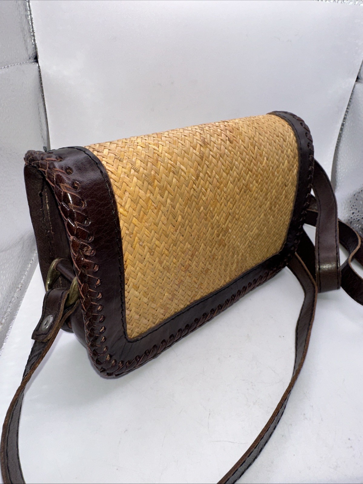 Vtg 80s Elliott Lucca Handbag Rattan Leather Purse Weave Woven Shoulder Bag Boho
